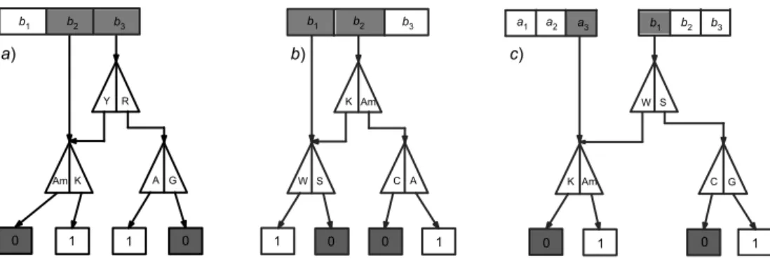 Figure 3 – Algorithmic representation of the dichotomic classes: a) parity class, b) Rumer’s class, c) hidden class.