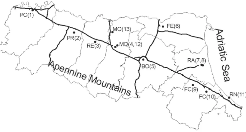 Figure 1 – The monitoring sites’ spatial location. The bold lines indicate the main roads, while the 