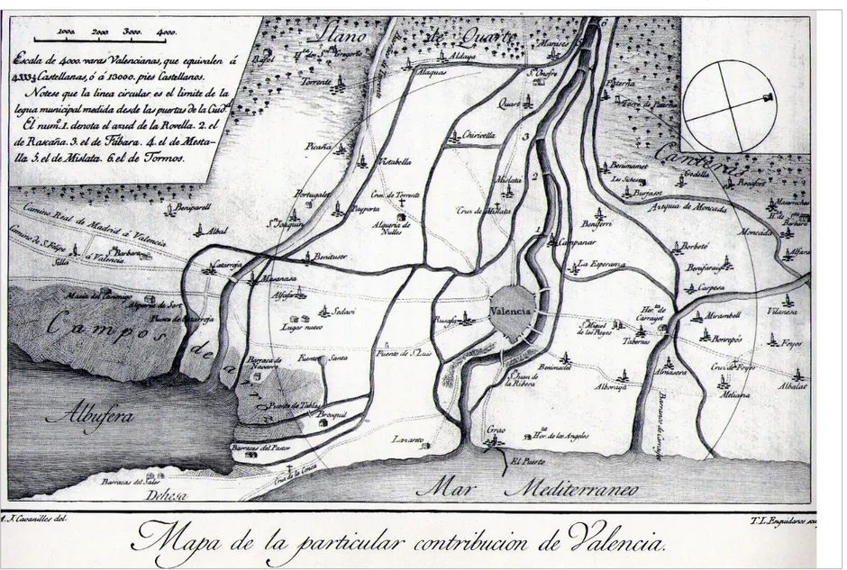 Fig. 3 Map of the network of ditches and roads of the city of Valencia by Antonio J. Cavanilles