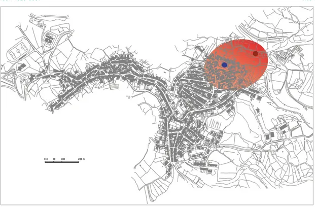 Figura 6. Individuazione ipotetica della posizione della scomparsa chiesa di San Pietro (punto rosso) e della posizione dell’insediamento di Busachi in epoca  medievale (area rossa)