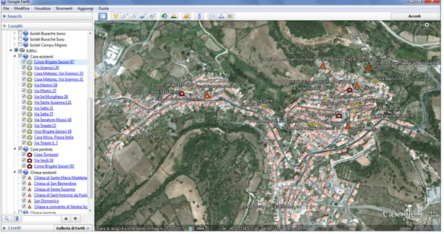Figura 7. Schermata Google Earth: visualizzazione mappa localizzazione edifici civili e religiosi del XVI secolo.
