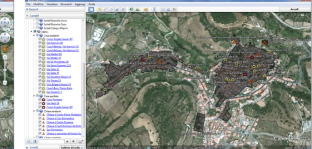 Figura 8. Schermata Google Earth: sovrapposizione perimetri. In rosso il centro storico del P.U.C.; in blu il centro urbano 