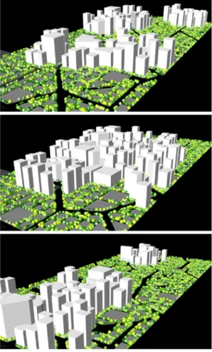 Figure 3. Example of visualizations in which specific spatial attributes determine the number and size of residential units according to the volume, function and   buildings suitability to the residential function.