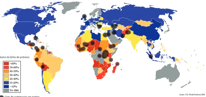 Figura 1. Fusão do Mapa do Patrimônio em Perigo – WHL-UNESCO e do  Índice de Desenvolvimento Humano  (IDH) - ONU Fonte: http://whc.unesco.org/en/danger/ e http://hdr.undp.org/en/statistics/