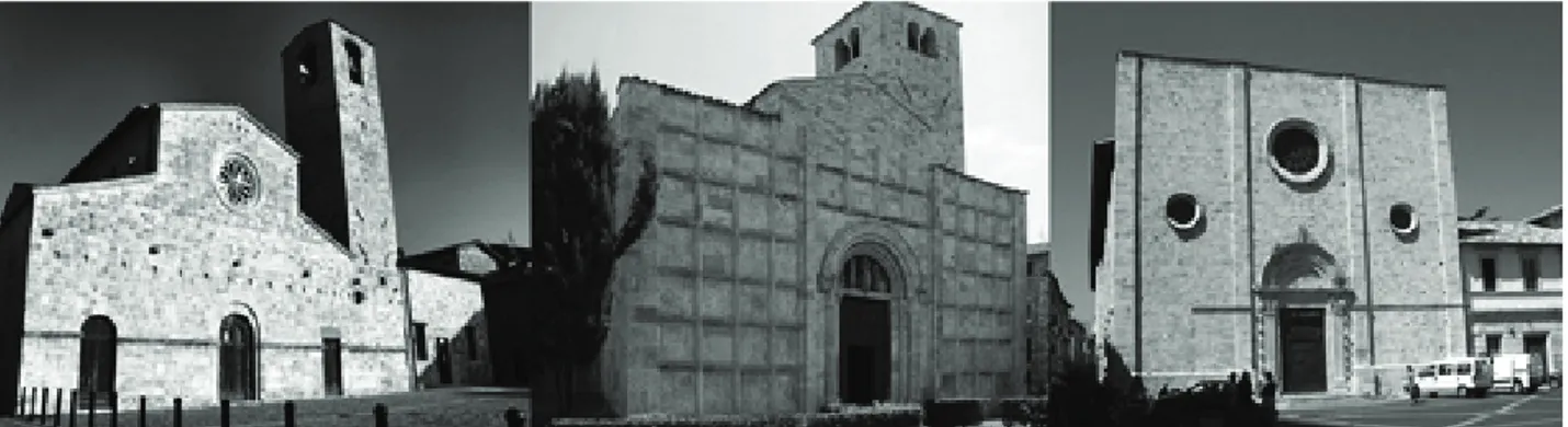 Figura 1. Le tre chiese di Ascoli Piceno analizzate durante il Cantiere Creativo. Da sinistra: San Tommaso  Apostolo, Santi Vincenzo e Anastasio e Sant’Agostino.
