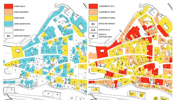 Figura 3. Mappatura per l’intero centro storico dei valori accertati di danno per unità di edificio, a sinistra, e dei  valori di vulnerabilità presunta per unità di edificio, a destra