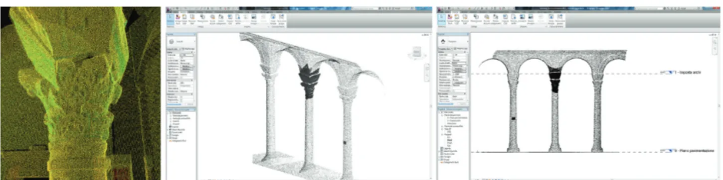 Figure 2. Conventional workflow with imported point clouds (left) in Autodesk Revit Architecture 2012: without  any third party plug-in, points are intended as some sort of “frozen” un-structured geometry that cannot be  used as snap to trace out parametri