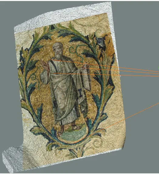 Figura 1. Proiezione dell’immagine del cartone musivo di Libera Musiani (tempera su carta da lucido, 1937)  sulla superficie tridimensionale ottenuta da scansione di apparato musivo di Profeta nel Battistero Neoniano  a Ravenna.