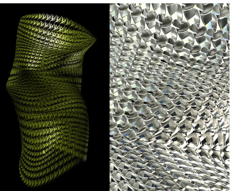 Fig. 11. Los Angeles Tower.  Two Parametric Details. Left:  2D leaf form populated over  the  warped  cylinder  of  the  tower’s  body  in  a  first  step  for  (Right)  ParaCloud   gene-rating an interlinking, 3D  mo-nocoque based on the folds  of the lea