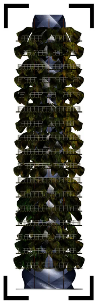 Fig.  1,  1a.  Pagoda.  2010.  Following  the  BioTower  (Fig  7),  this  project  considers ideas for sensor-activated, moving, bio-robotic façade elements,  designed  as  architectural  leaves—with  lichen-like  growth  and  coloration  hybridized into t