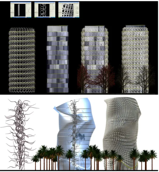 Fig.  5.  Los  Angeles  Tower.  2008-2009.  Generative  Tower  Sequence.  Software-grown  eTree  (left)  programmed  to  grow  branches  into  a   self-supporting structure with outstretched branch tips defining a point-cloud for  later glass skin generati