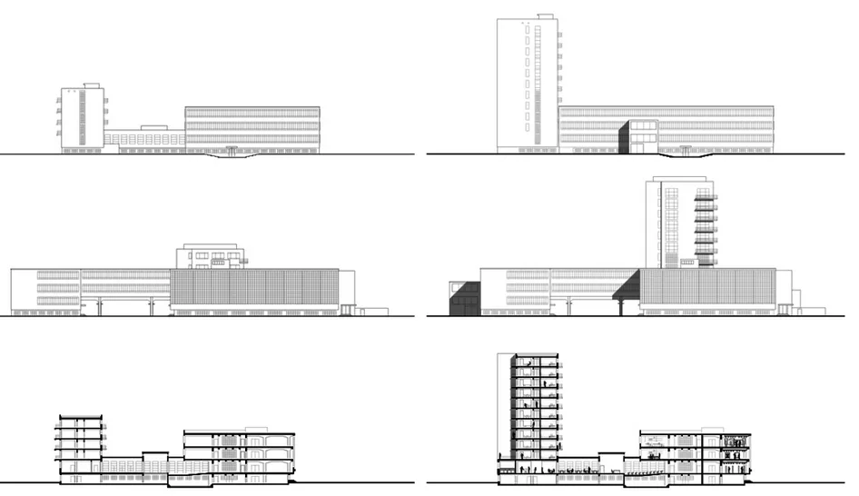 Fig. 13. Prospetti e sezioni dell’edificio del Bauhaus, nella versione orginale e nella versione ri-progettata sulla base di nuovi parametri di utilizzo temporale degli spazi