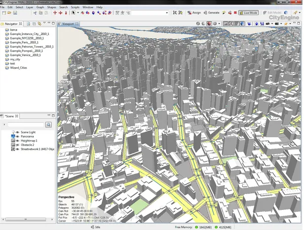 Fig. 9  Interfaccia grafica del software Procedural City Engine. Il programma  esegue  algoritmi  parametrici  in  grado  di  strutturare  primitive  geometriche  per simulare scenari urbani complessi: è inoltre possibile importare impianti  urbani, riferi