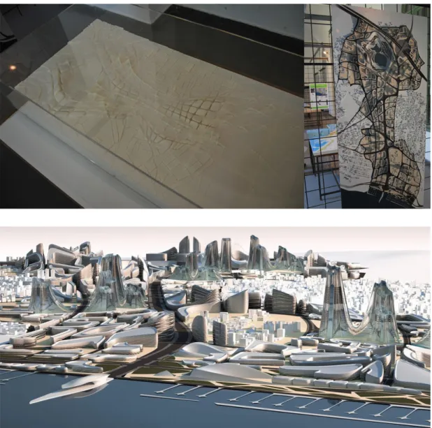 Fig. 10  e Fig. 11 Progetto di Zaha Hadid Architects per la trasformazione urbana del waterfront di Istanbul, Kartal-Pendik disctrict, sviluppato con Autodesk  Maya