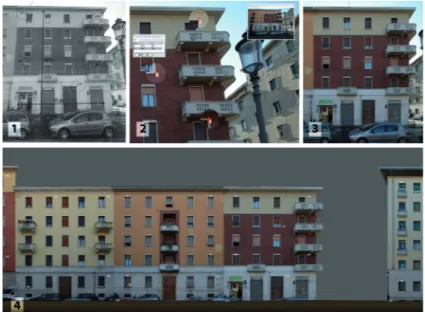 Fig.  3.  The  four  steps  provided  by  the  methodology used for the survey of  ur-ban  curtains,  defined  as  “monoscopic  photogrammetric  survey”:  1  survey  on  the  street  with  total  station,  2   identifi-cation  of  recorded  points  on  the