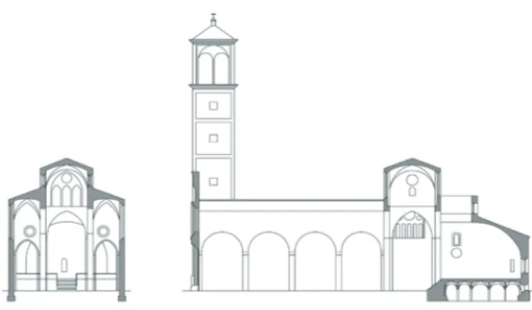 Fig. 6. Sections of the church in the XVI versionFig. 5. Façade of the church in the different periods
