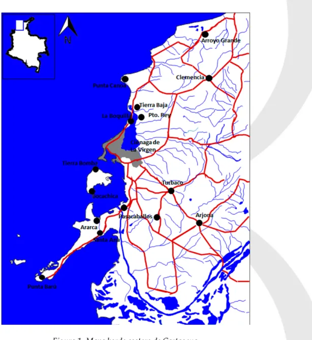 Figura 1. Mapa borde costero de Cartagena  Fuente: Elaboración propia. 