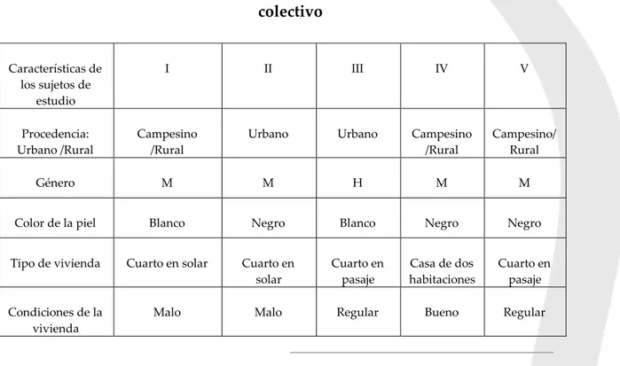 Tabla 2. Caracterización socio-espacial de los sujetos del caso  colectivo  Características de  los sujetos de  estudio  I  II  III  IV  V  Procedencia:  Urbano /Rural  Campesino /Rural 