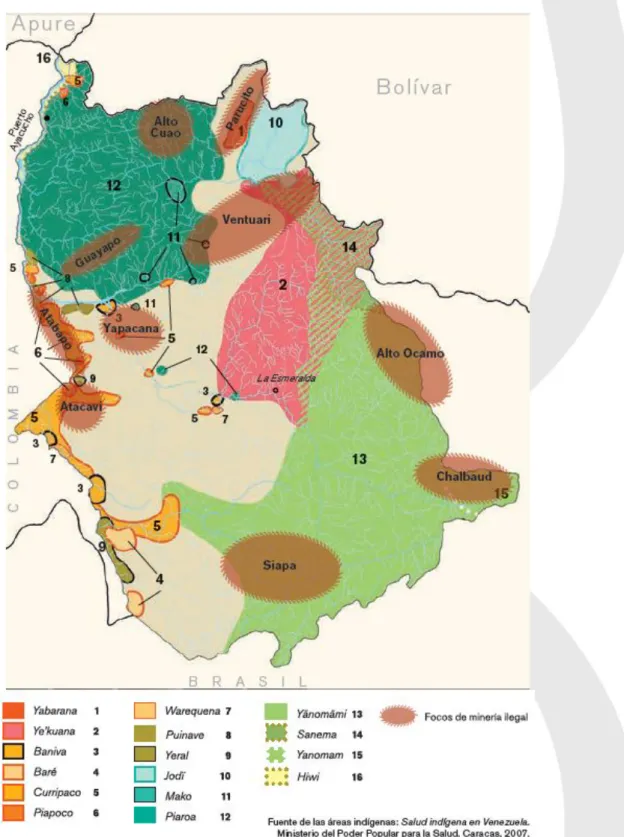 Figura 2. Pueblos indígenas y principales focos de minería ilegal en el estado Amazonas  (Jesús Bello-Tillett, 2015, p