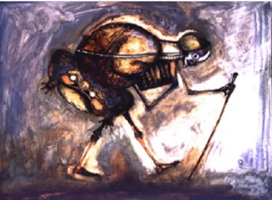 Figura 3: La caminante (Tameme), 1989, óleo y temple sobre tela, 56 x  76 cm.