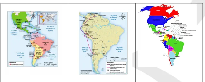 Figura 3. Mapa de América colonial, campañas de Bolívar y San Martín y mapa  político actual