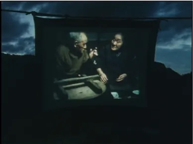 Figure 2. Living on the River Agano projected on a tarp, still from Memories of Agano