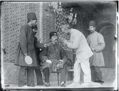 Figure 2. Antoin Sevruguin, Barber Dyeing Nasir Al-Din Shah’s Mustache, b&amp;w glass plate negative (23.8 cm x 17.8 cm), undated (ca.1890)