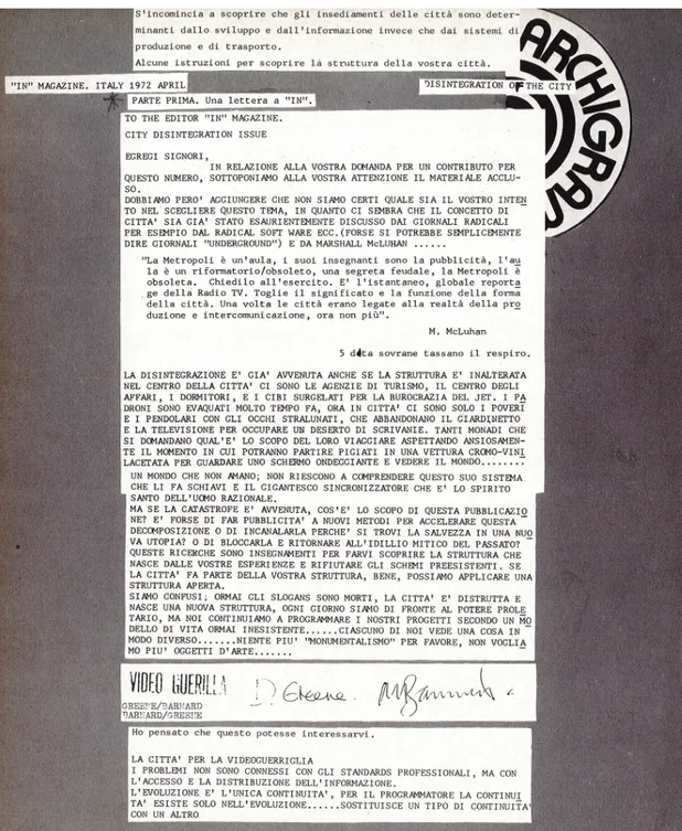 Figura 1. Archigram Group, Disintegration of the city, april 1972, “IN. Argomenti di immagini e di design”, p.38 (pagina 1 di 8) – courtesy Archivio Studio La Pietra