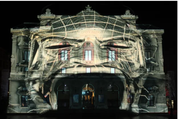 Figure 5. Video mapping performance by 1024 architecture at the Festival des Lumières (Lyon, 2010).