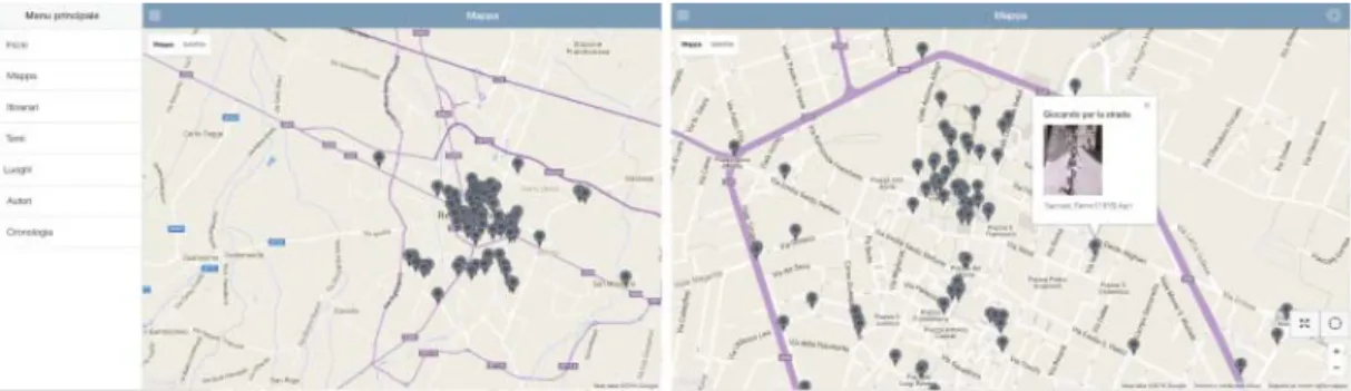 Fig. 5: Play the City RE. A sinistra, nella barra laterale l’accesso ai menu principali della app: mappa, 