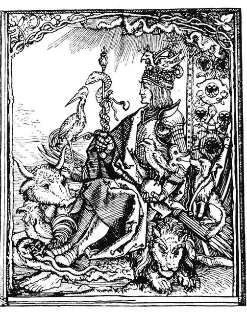 Fig. 2. Albrecht Durer, Arco Trionfale di Massimiliano I d’Austria, dettaglio del Mysterium con il ritratto di Massimiliano attorniato di simboli 
