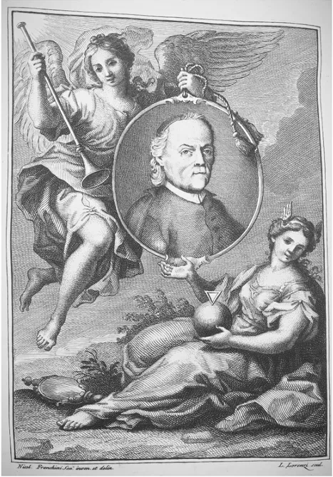 Fig. 3. Calcografia con effige di Muratori incisa da Lorenzo Lo- Lo-renzi su disegno di Niccolò Franchini e inserita all’interno del 