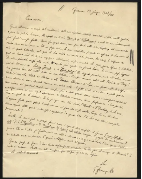 Fig. 3. Lettera di Fumagalli a Camerani del 13 giugno 1937 in cui parla del Trattato di biblioteconomia previsto per l’«Enciclopedia del Libro» e poi rimasto inedito