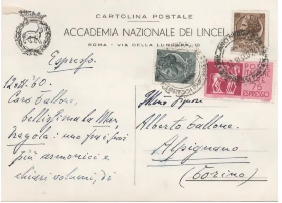 Fig. 3. La cartolina in data 12 ottobre 1960 in cui Bacchelli si complimenta con la casa di  Alpignano per la propria edizione della Mandragola
