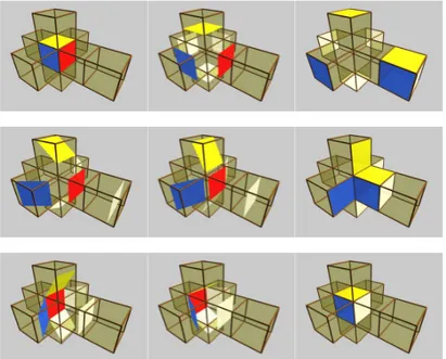 Figura 3: Il ribaltamento di un cubo visto nello sviluppo di un ipercubo. Talvolta sembra che il cubo “si rompa” e che le facce “si sdoppino”, ma nell’ipercubo i quadrati formano sempre un cubo