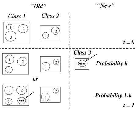FIG. 1: Schematic representation of the model of proportional growth. At time t = 0, there are N (0) = 2 classes (¤) and n(0) = 5 units (°) (Assumption A1)