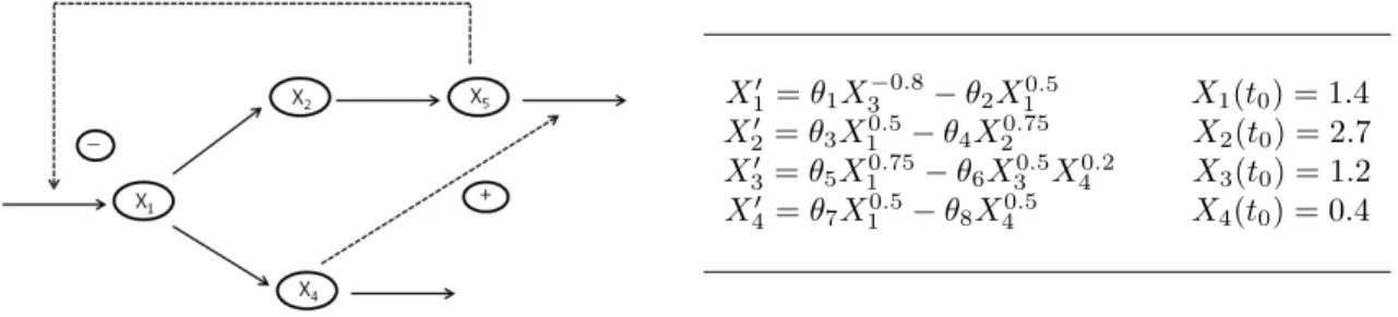 Figure 3: a didactic example of biochemical network with four variables and the system of ordinary differential equations describing it