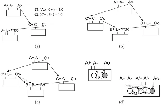 Figure 3: Different kinds of mutations: in (a) the initial configuration, dis- dis-playing the α function as a list of tuples; in (b) duplication of protein C followed by mutation of domain ∆ Co in (c)