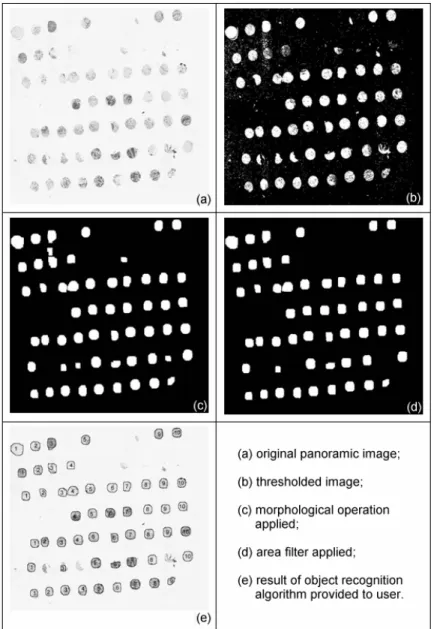 Figure 13 - Image processing procedure and result of object recog- recog-nition algorithm on the panoramic image of a TMA arranged into a 
