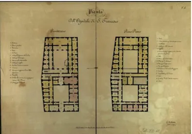 Fig.  5  -  Pianta  dell’Ospedale  delle  Prigioni  o  di  San  Francesco:  pianterreno  e  primo  piano  (Società  Napoletana  di  Storia  Patria, Coll