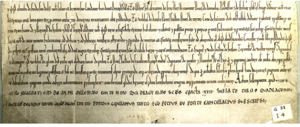 Fig. 2. 1143 marzo 21. Guido, vescovo di Losanna, prende sotto la sua protezione il monastero di  Hauterive: particolare dell’escatocollo (AEFR, Hauterive, I.4).