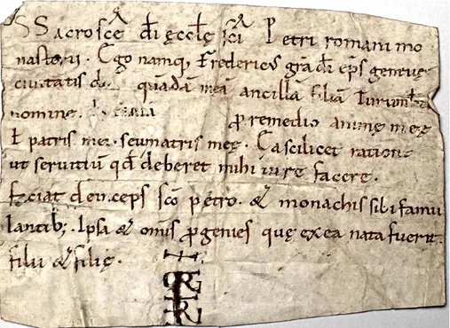 Fig. 1. 1032-1073. Federico, vescovo di Ginevra, dona una serva al monastero di Romainmôtier  (ACVD, C.VII.a.71).