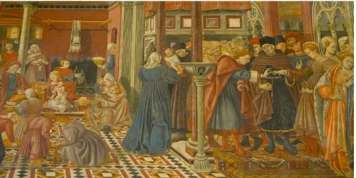 Fig. 6. Domenico di Bartolo, Acogida, educación y boda de una hija del hospital (1441-1442),  Siena, Pellegrinaio de Santa Maria della Scala (Foto de Antoni Conejo).