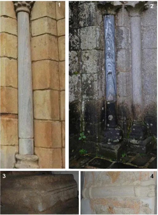Figura 5. Fustes y basas: 1. Fuste de mármol de San Martiño de Mondoñedo (imagen de Yzquier- Yzquier-do 1993, p