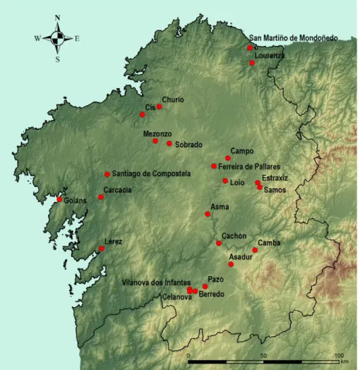 Figura 1. Mapa de Galicia con la localización de las diversas iglesias citadas en el texto.