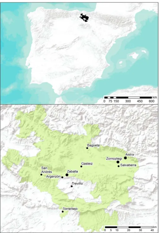 Fig. 1. Mapa con las principales localidades citadas en el texto y la localización de Álava.