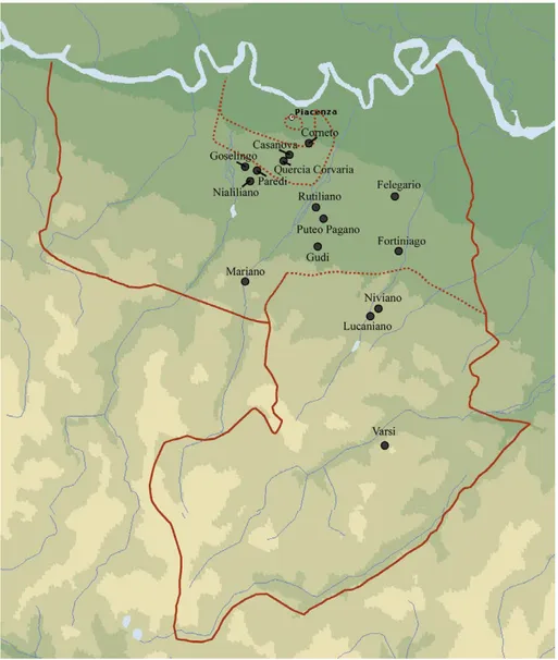 Figura 1. Carta del comitato di Piacenza con le località citate nel testo.