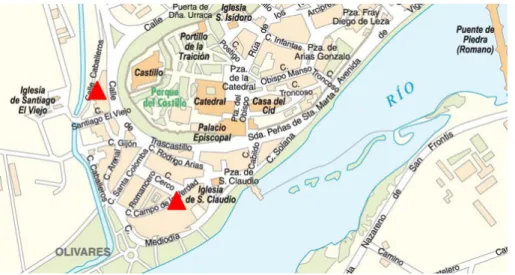 Figura 5. Localización de los yacimientos con evidencias de los siglos VIII-IX en el barrio de  Olivares (Zamora).