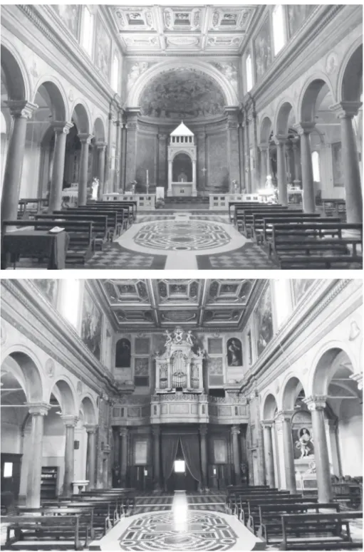 Fig. 3. Roma, Sant’Agata dei Goti: vedute dell’interno verso l’abside e verso l’ingresso (foto Mar- Mar-co Aimone).