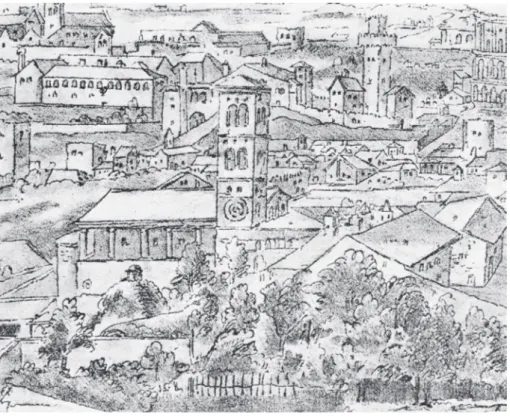 Fig. 5. Roma, Sant’Agata dei Goti: veduta da nord in un disegno di Anton van den Wyngaerde,  del 1560 (da: S
